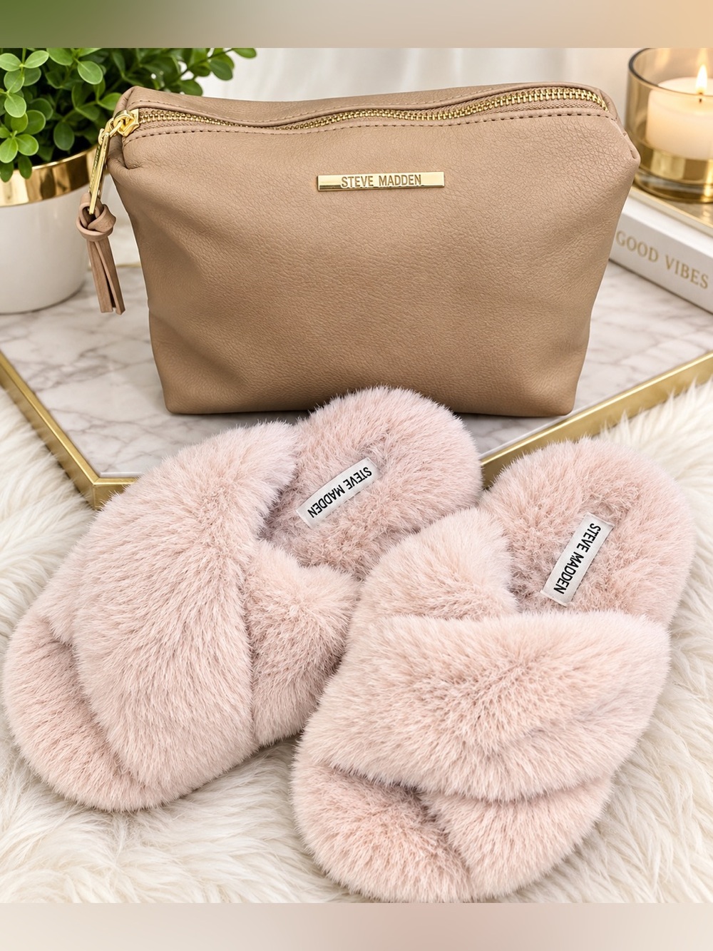 Steve Madden Bundle, Cosmetic Bag and Slippers (5/6), Excellent Condition